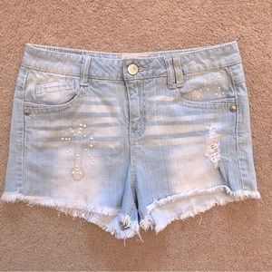 Jolt Distressed Denim Shorts Size 9 Light Blue Pearl Detail Embroidered Cross